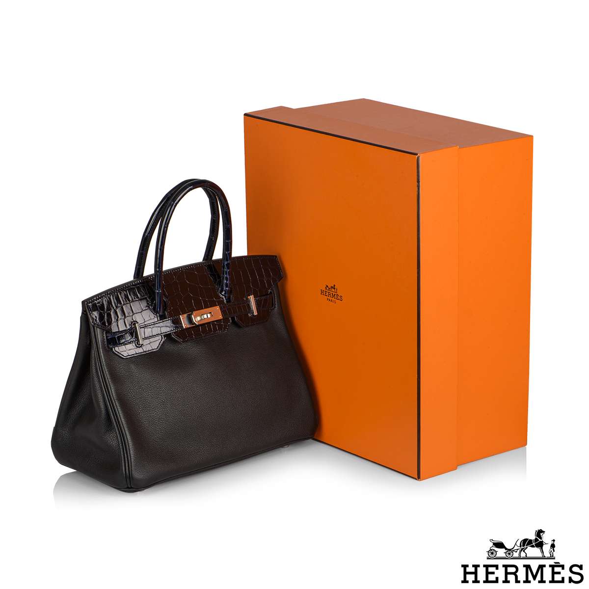 Hermes Birkin 30 Touch Noir/Noir Novillo/Niloticus Lisse (Shiny) Rose Gold  Hardware #C - Vendome Monte Carlo